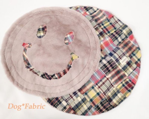 画像1: Smile Cafemat（patchwork check pink&navy)=ラビットフェイクファー仕様= (1)